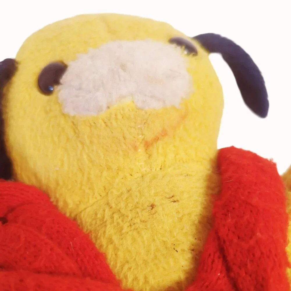 Vintage Yellow Plush Dog With Black Ears Eyes And Red White Scarf - Picture 6 of 7